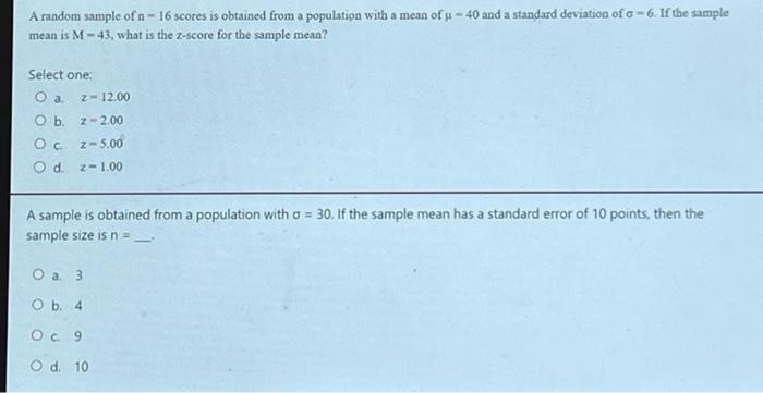 Solved A Random Sample Of N−16 Scores Is Obtained From A | Chegg.com