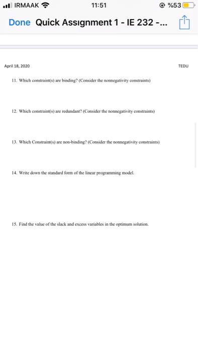 Solved PART 1 Use The Following LP Problem To Answer | Chegg.com