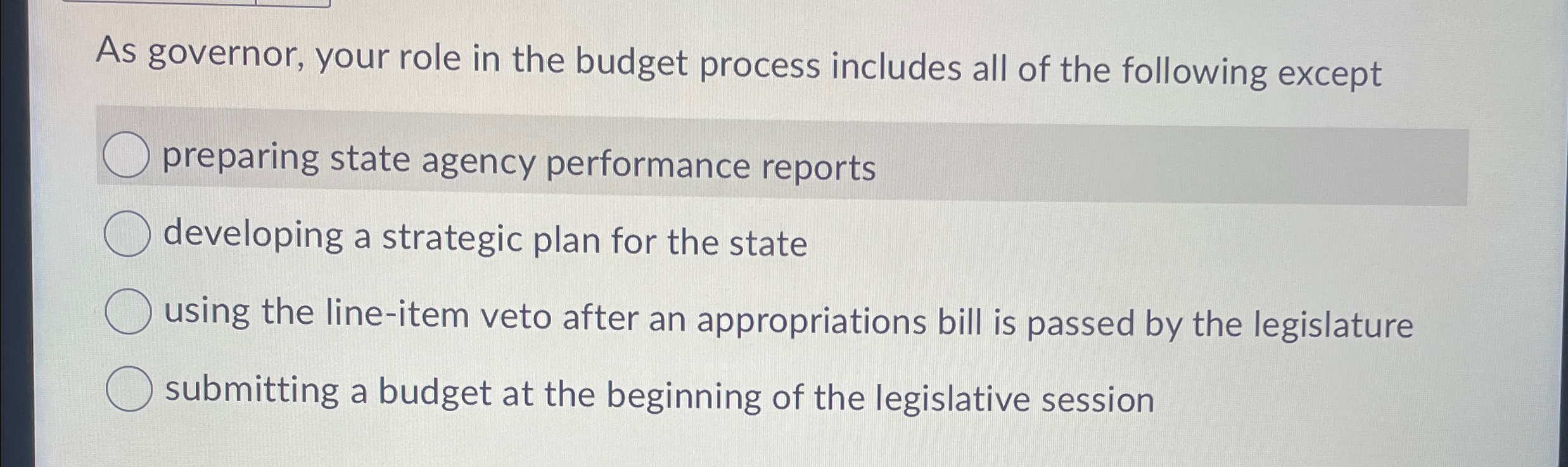 Solved As governor, your role in the budget process includes | Chegg.com