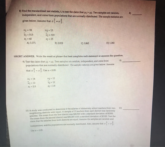Solved 8) Find the standardized test statistic, t, to test | Chegg.com