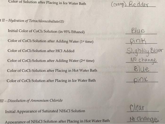 Solved Color of Solution after Placing in Ice Water Bath | Chegg.com