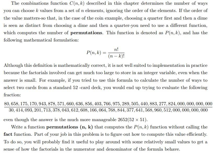 Solved The combinations function C(n,k) described in this | Chegg.com