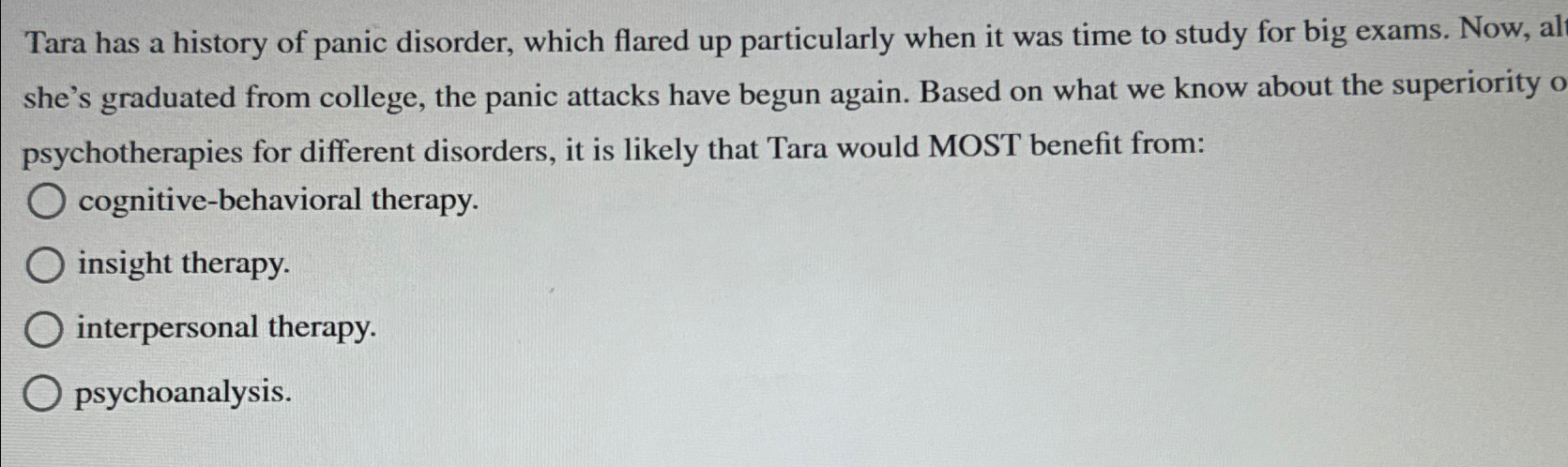 Solved Tara has a history of panic disorder, which flared up | Chegg.com