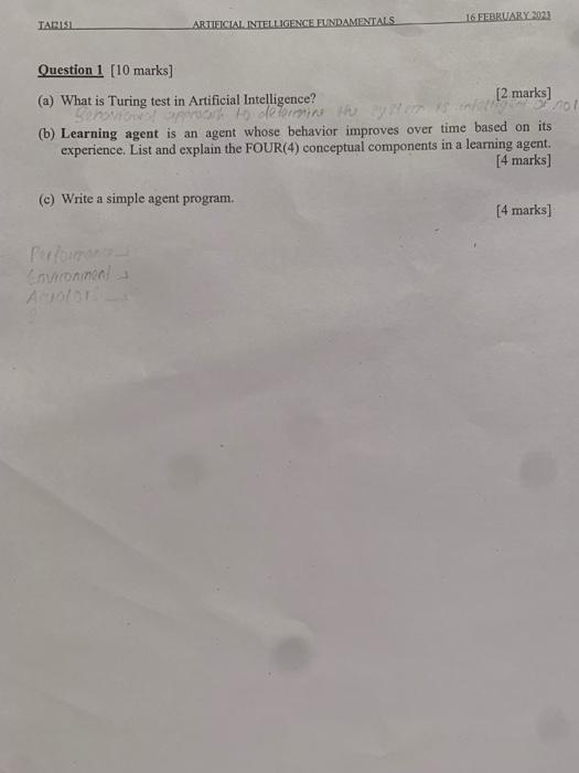 Solved Question 1 10 Marks A What Is Turing Test In