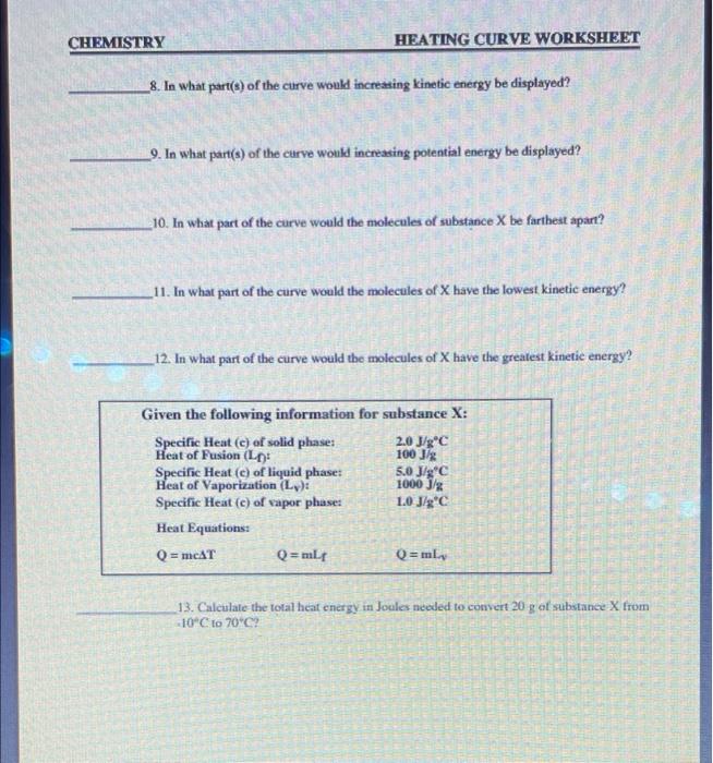 Solved CHEMISTRY HEATING CURVE WORKSHEET Heating Curve of