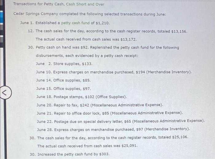 Solved Transactions for Petty Cash, Cash Short and over | Chegg.com