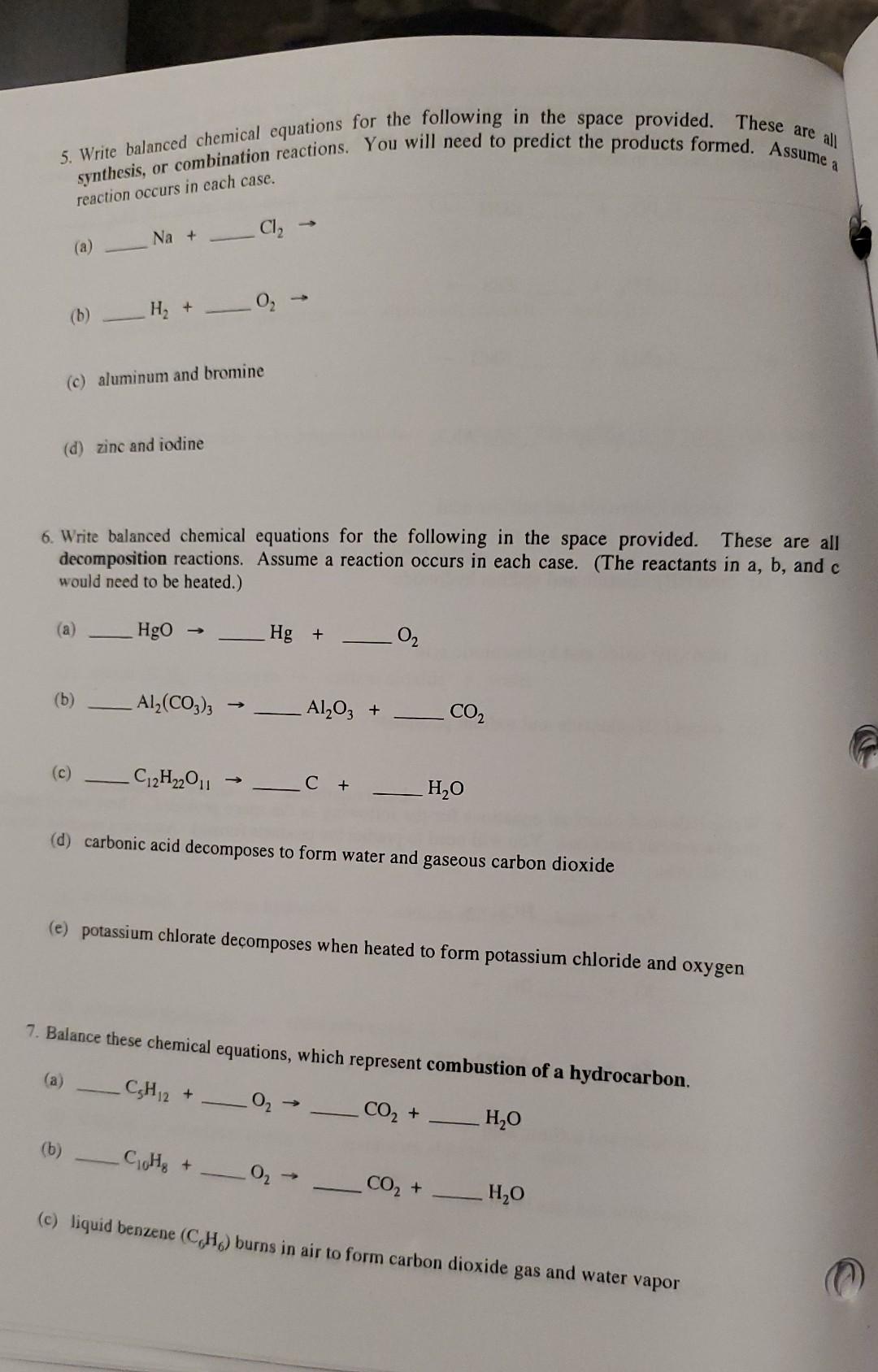 Solved These are all 5. Write balanced chemical equations | Chegg.com