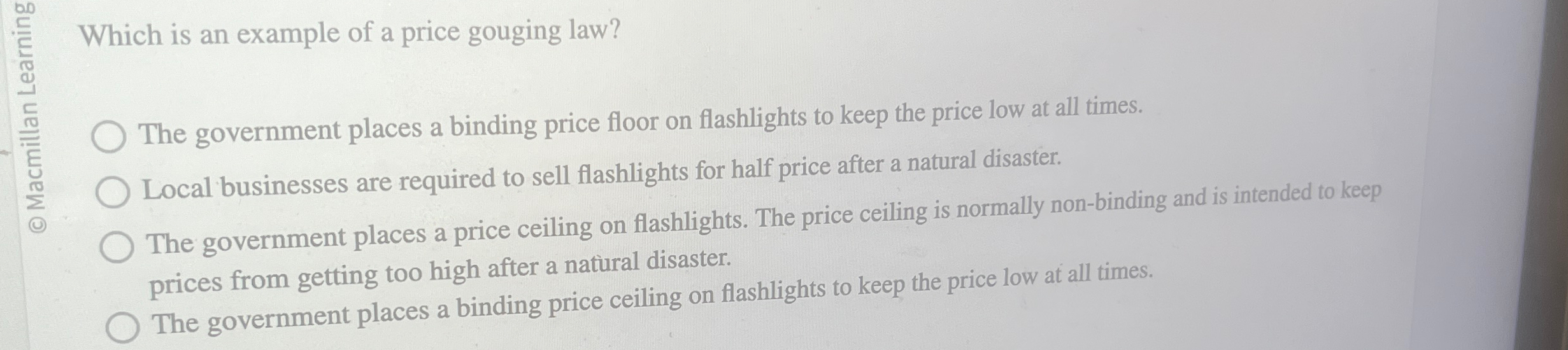 Solved Which is an example of a price gouging law?The | Chegg.com