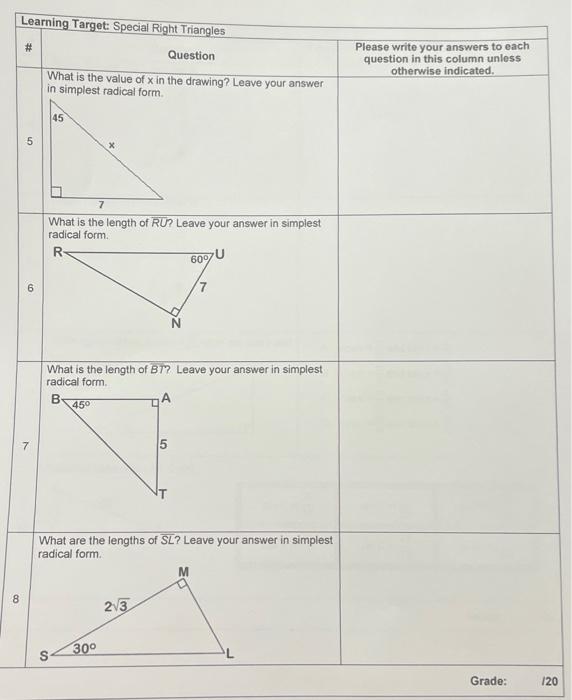 Solved Learning Target: Special Right Triangles # Question | Chegg.com