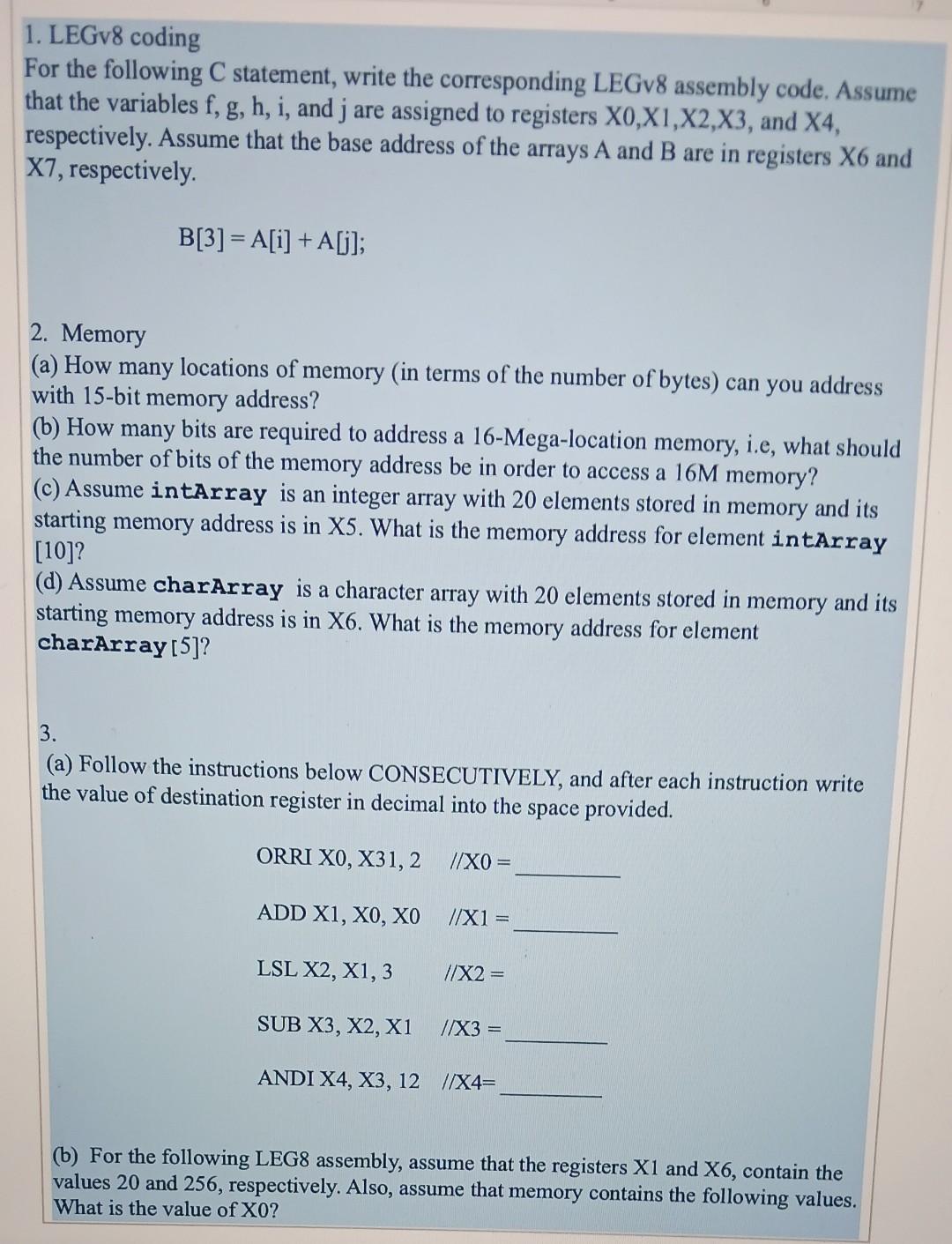 Solved 1. LEGv8 Coding For The Following C Statement, Write | Chegg.com