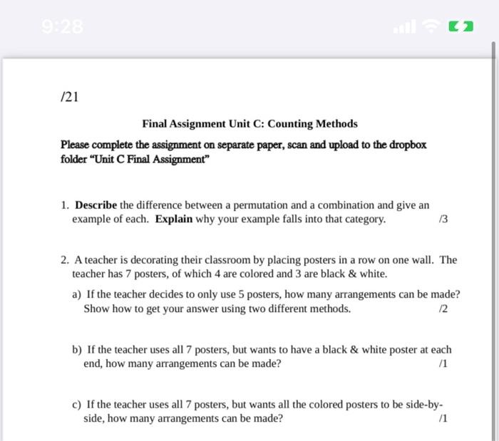 62 121 Final Assignment Unit C Counting Methods Chegg Com