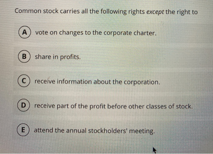 Common Shareholders Usually Have All Of The Following Rights Except Solved Common stock carries all the following rights except | Chegg.com