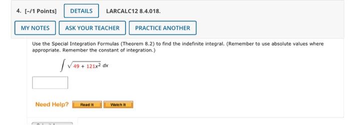Solved Use the Special Integration Formulas (Theorem 8.2) to | Chegg.com
