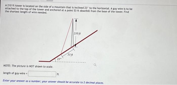 Solved A 210ft tower is located on the side of a mountain | Chegg.com