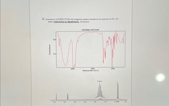 II. Determina LA ESTRUCTURA del compucsto ofganico basaido es sus espectros de IR y HIRMN: EXPLIOUE SU RESPUESIA ( 20 puntos)