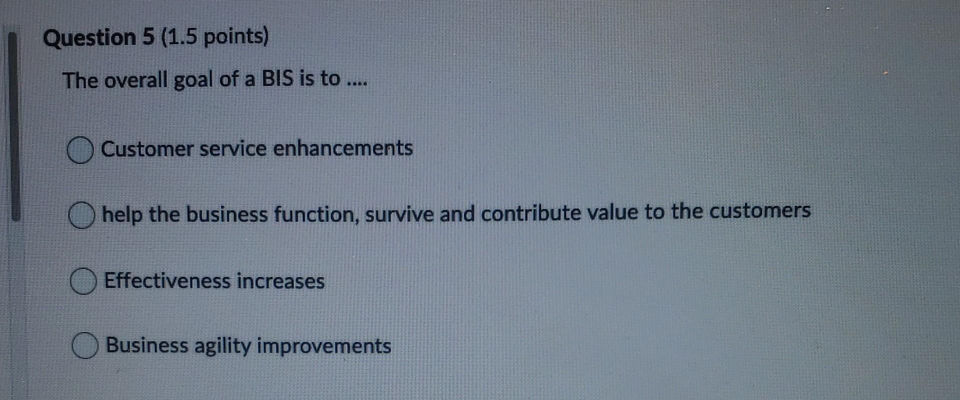 Solved Question 5 (1.5 points) The overall goal of a BIS is | Chegg.com
