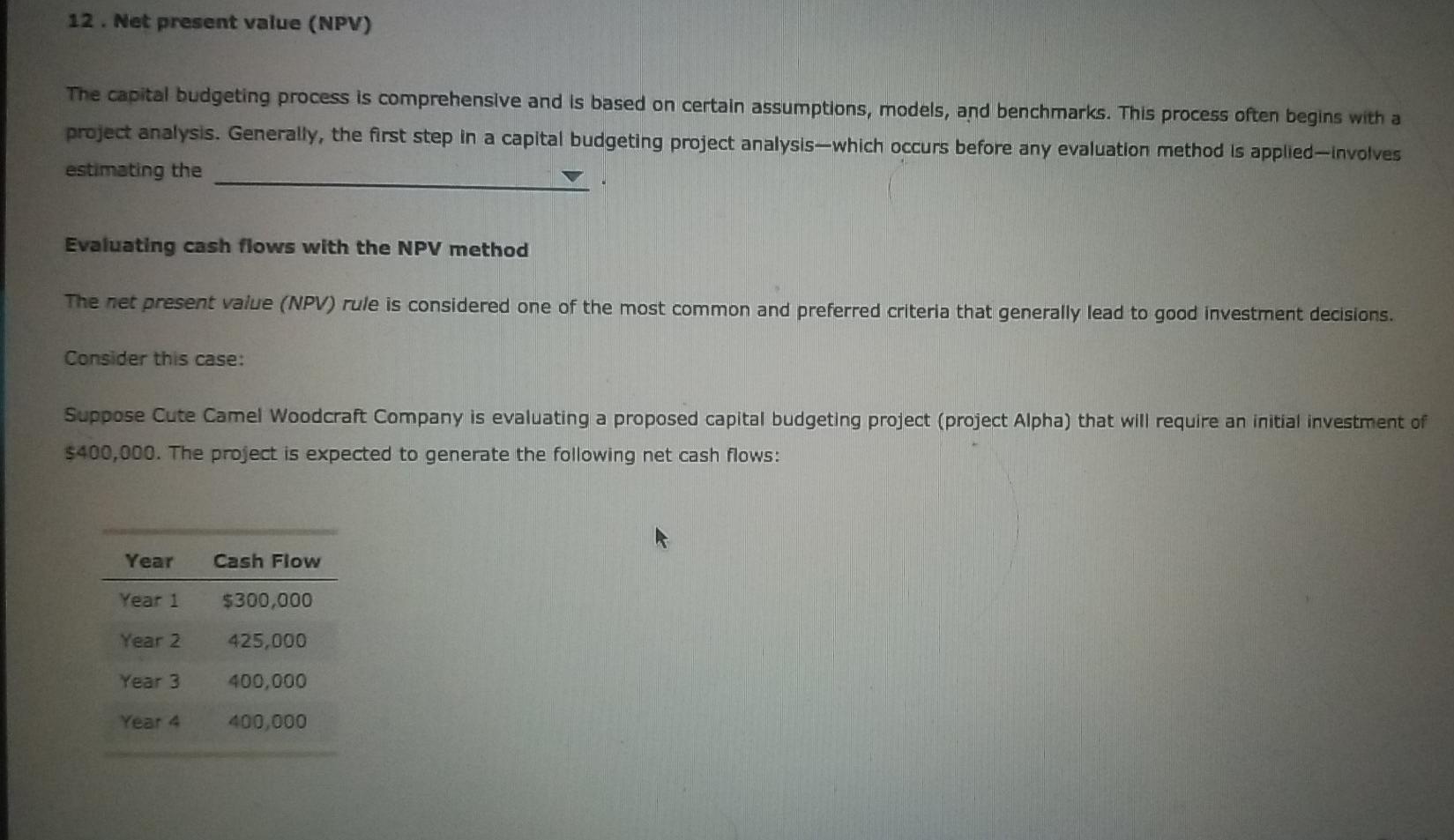 Solved 12. Net present value (NPV) The capital budgeting | Chegg.com