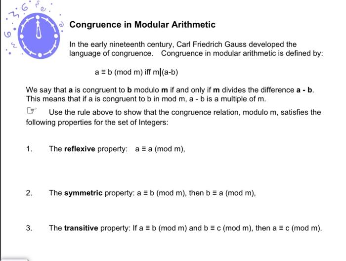 Solved Congruence In Modular Arithmetic In The Early | Chegg.com