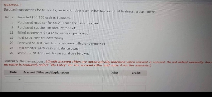 Solved Question 1 Selected Transactions For M. Bonita, An | Chegg.com