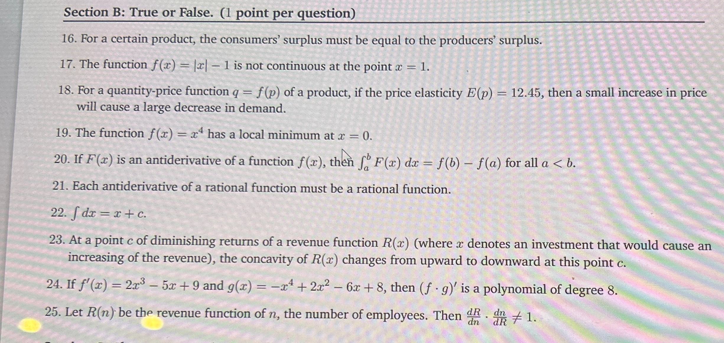 Solved Section B: True or False. (1 ﻿point per question)16. | Chegg.com