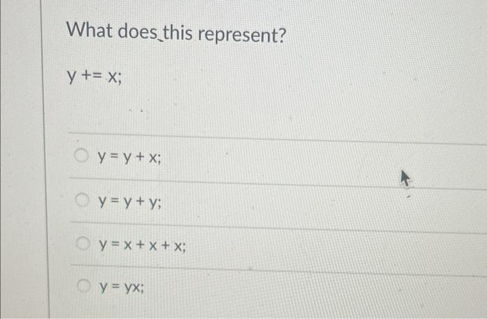 What does this represent? y += x; y = y + x; y = y + y; y = x + x + x; y = yx;