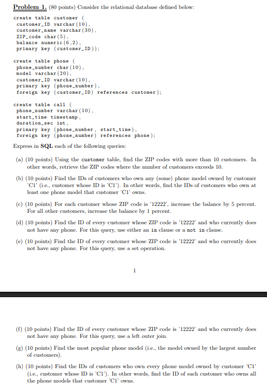 Solved Problem 1. ( 80 ﻿points) ﻿Consider the relational | Chegg.com