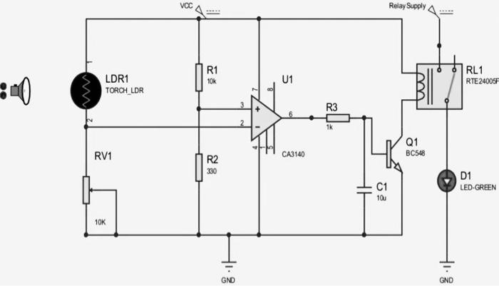 Solved VOC Relay Supply R1 10k LDR1 TORCH LDR U1 RL1 RTE | Chegg.com