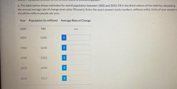 a. The table below shows estimates for world population between 1800 and 2050. Fill in the third column of the table by calcu