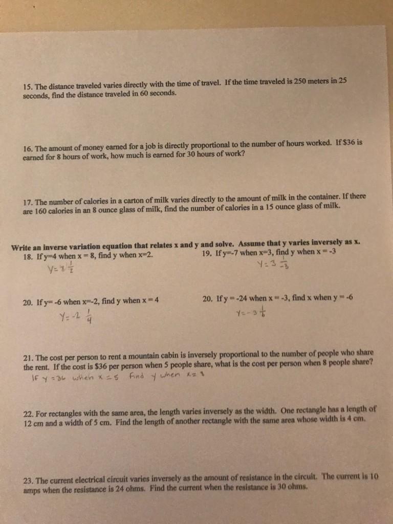 Solved Direct Inverse y=kx V = -22 DIRECT AND INVERSE  Chegg.com Within Direct Variation Worksheet With Answers