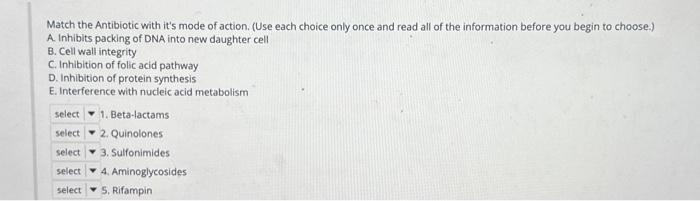 Solved Match the Antibiotic with it's mode of action. (Use | Chegg.com