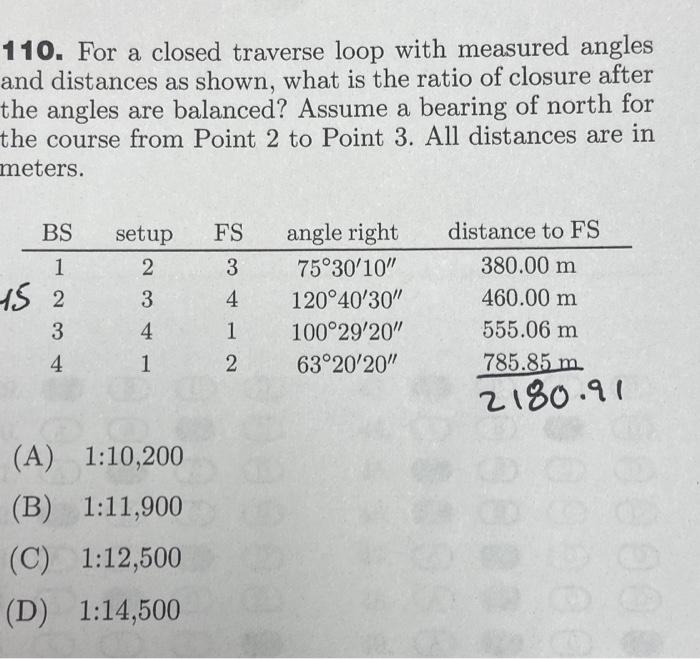 Solved 110. For a closed traverse loop with measured angles | Chegg.com