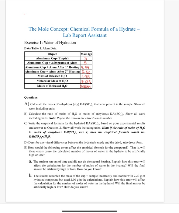 The Mole Concept Chemical Formula Of A Hydrate Lab Chegg 