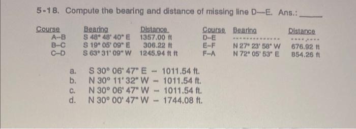 Solved 5-19. Compute the bearing and distance of missing | Chegg.com