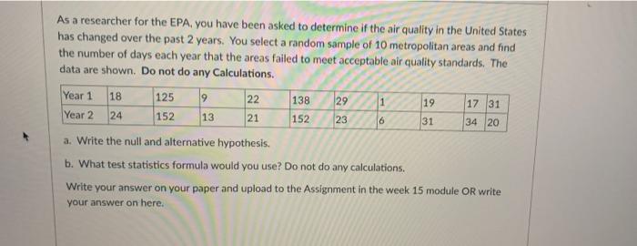 As a researcher for the EPA, you have been asked to determine if the air quality in the United States
has changed over the pa