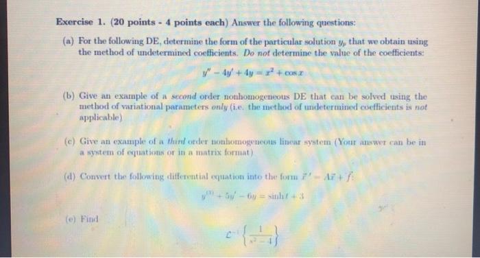 Solved Exercise 1. (20 points - 4 points each) Answer the | Chegg.com