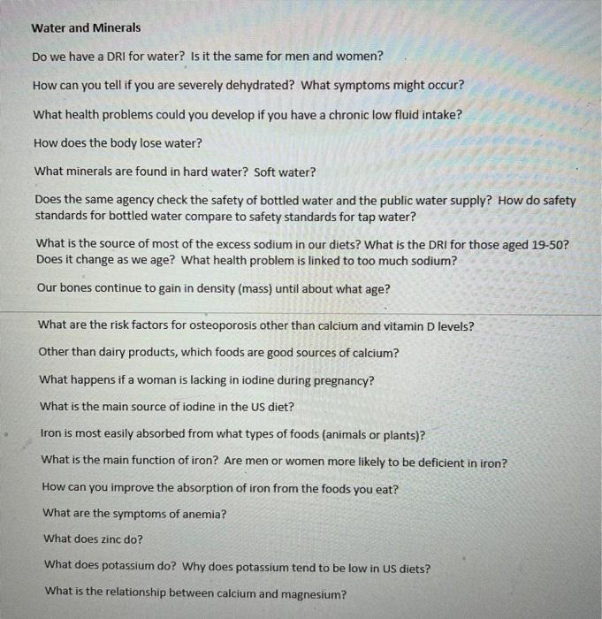 Solved Water and Minerals Do we have a DRI for water? Is it