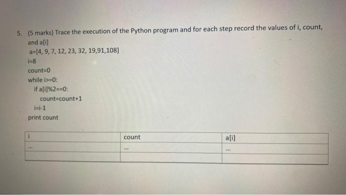 Solved 5. (5 marks) Trace the execution of the Python | Chegg.com