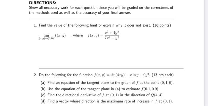 Solved DIRECTIONS: Show all necessary work for each question | Chegg.com