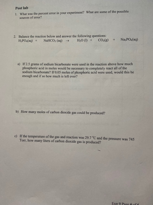 Solved Exp 9 Hydrogen gas from Mg Ideal gas law In this lab