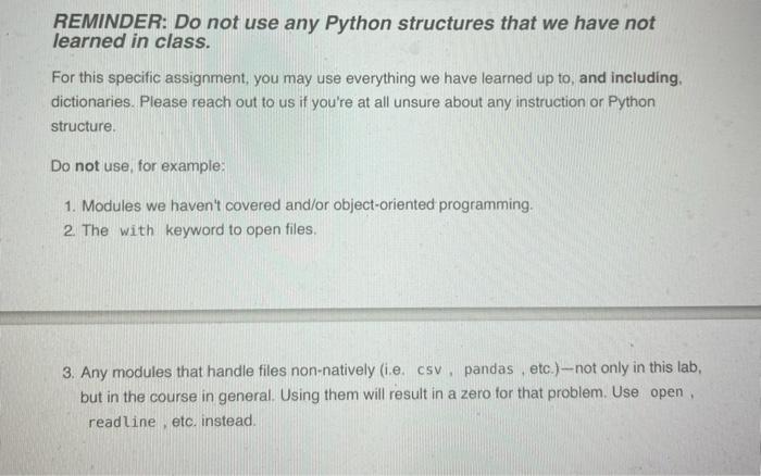 Solved REMINDER: Do not use any Python structures that we | Chegg.com