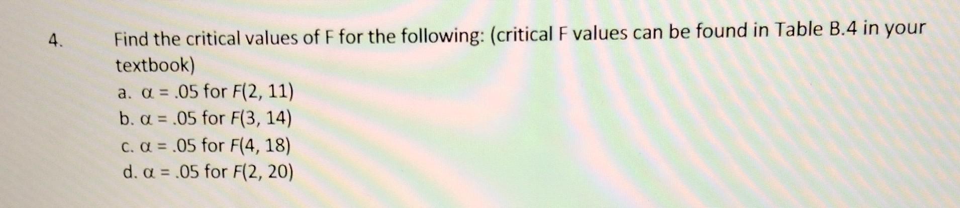 Solved 4. Find the critical values of F for the following: | Chegg.com