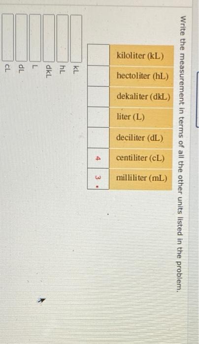 Solved Kiloliter Kl 은우 김주 Hectoliter Hl Dekaliter Dkl Chegg Com