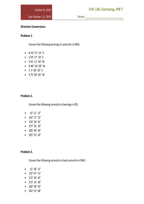 Solved Civl 130 Surveying Hw 7 October 8 2019 Due Octo Civl 130 Surveying Hw 7 October 8