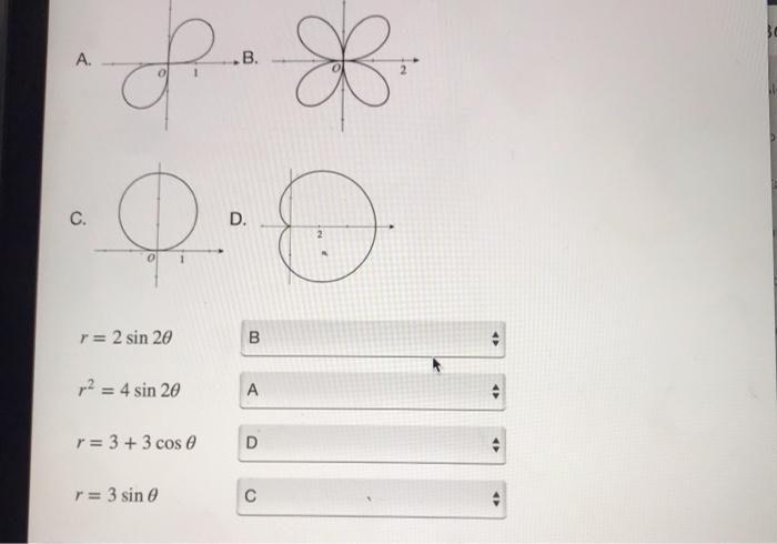 \( r=2 \sin 2 \theta \) \( r^{2}=4 \sin 2 \theta \) \( r=3+3 \cos \theta \) \( r=3 \sin \theta \)