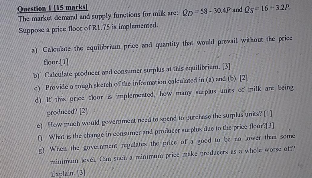 Solved Question 1 [15 marks] The market demand and supply | Chegg.com