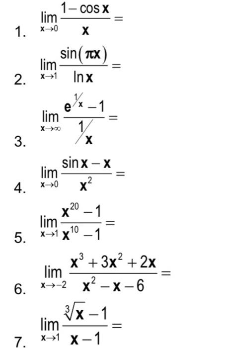 Solved 1- COS X lim х 1. → sin( Tex lim Inx = 2. X-1 e lim | Chegg.com