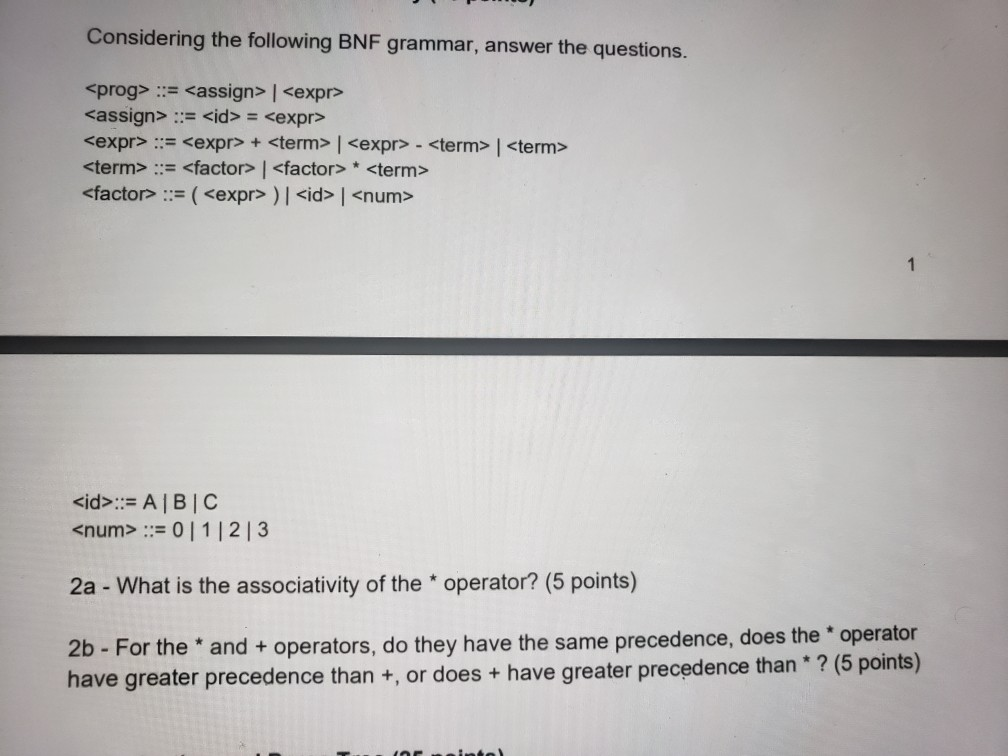 Solved Considering The Following BNF Grammar, Answer The | Chegg.com