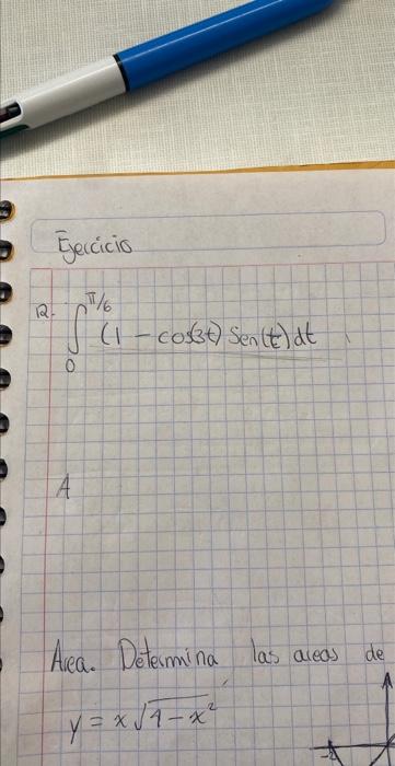 12. \( \int_{0}^{\pi / 6}(1-\cos (3 t) \operatorname{sen}(t) d t \) A Area. Determina las areas de \( y=x \sqrt{4-x^{2}} \)