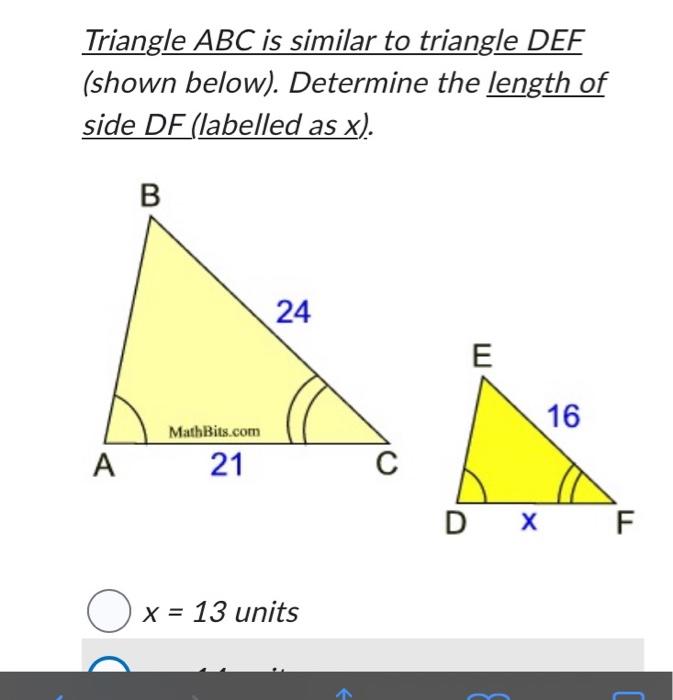 Solved Triangle ABC is similar to triangle DEF (shown