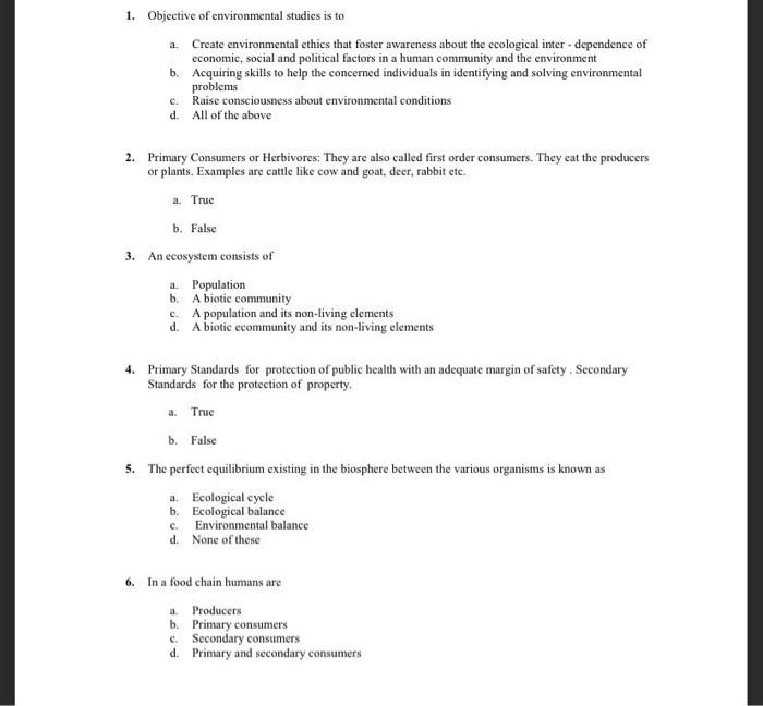 Solved 1. Objective of environmental studies is to a. Create | Chegg.com